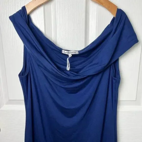 Reformation Blue Off The Shoulder Stretch Jamen Knit Midi Dress M Danube - Picture 3 of 7